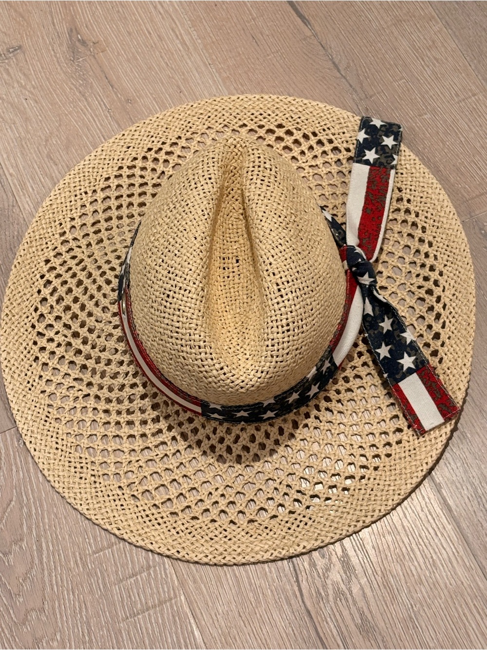 Straw Sun Hat with American Flag Bow - Natural